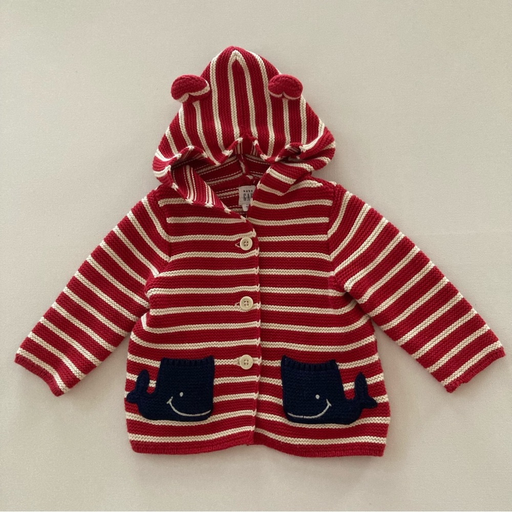 Gap Baby 6-12 Months Red Hooded Cardigan Whale Pockets
